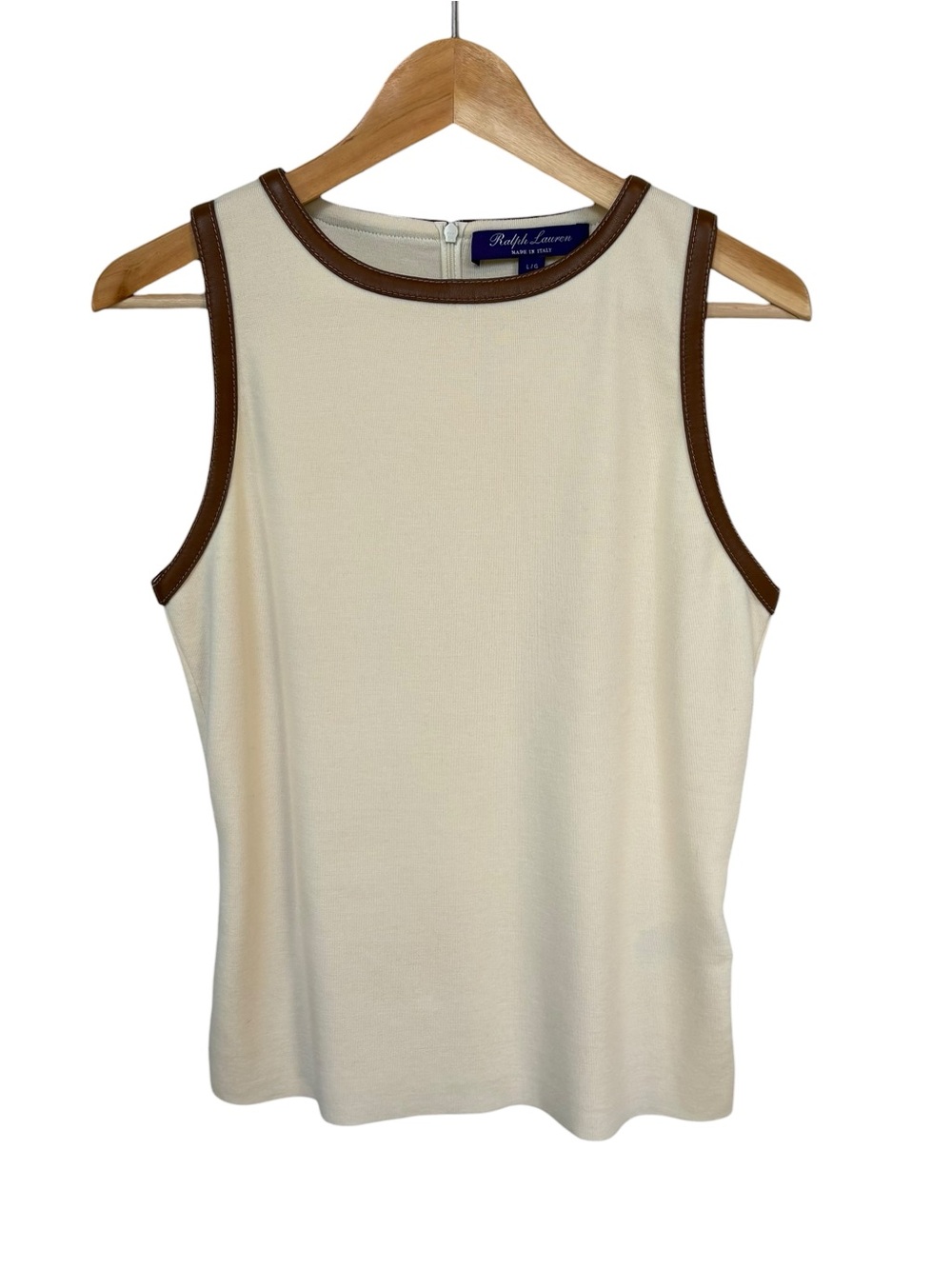 Ralph Lauren Cream Wool Knit Top with Leather Trim